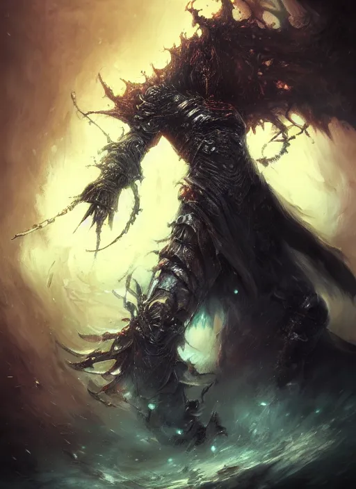 Prompt: powerful undead litch, dark souls boss, magic swirling, painted by raymond swanland