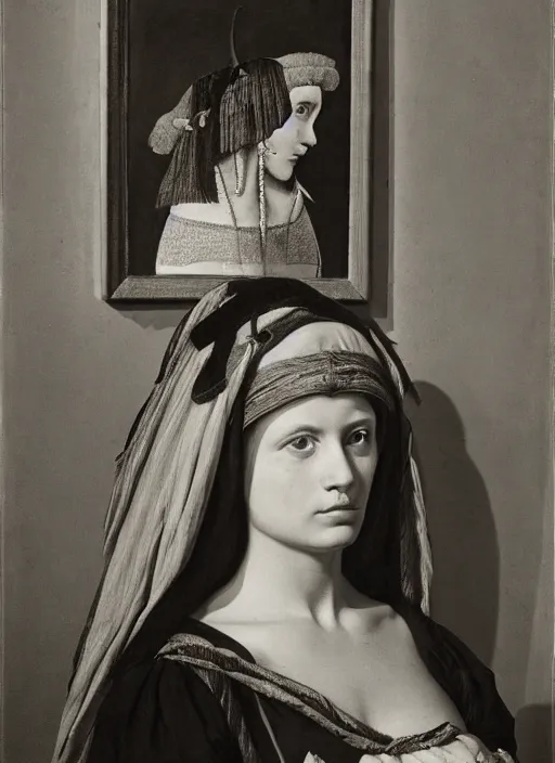 Image similar to portrait of young woman in renaissance dress and renaissance headdress, art by henri cartier - bresson
