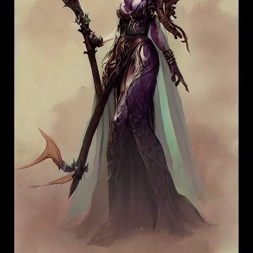 Image similar to elven sorceress character portrait by frank frazetta - wearing a dress, holding a staff, casting a spell, fantasy, dungeons & dragons, sharp focus, beautiful, artstation contest winner, detailed