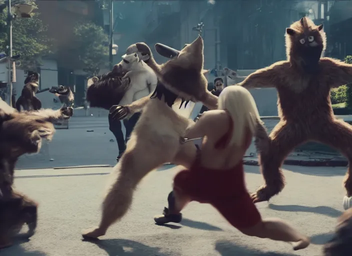 Image similar to nicolas cage beating up furry cosplayers, 8 k, octane render, choreographed fight scene, composition, shot by director park chan - wook