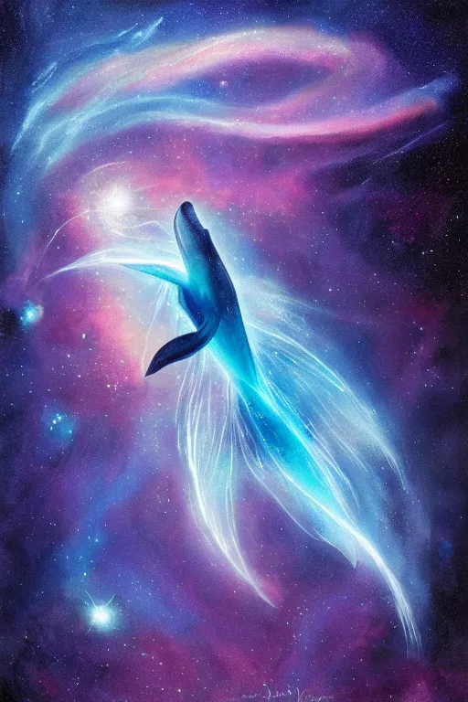 Image similar to Ethereal blue fire dolphin flying through a nebula, Sirius star system, star dust, cosmic, magical, shiny, glow,cosmos, galaxies, stars, outer space, stunning, by andreas rocha and john howe, and Martin Johnson Heade, featured on artstation, featured on behance, golden ratio, ultrawide angle, hyper detailed, photorealistic, epic composition, wide angle, f32, well composed, UE5, 8k
