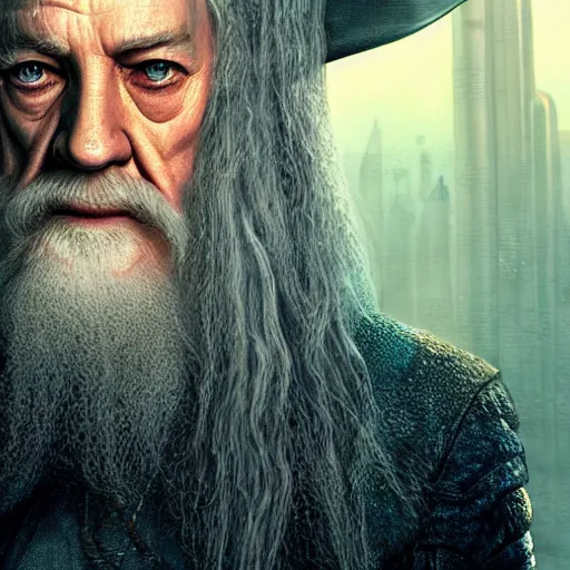 Image similar to cyberpunk gandalf, lord of the rings, photorealistic, 4 k, rain, blade runner, ultra realistic. isometric