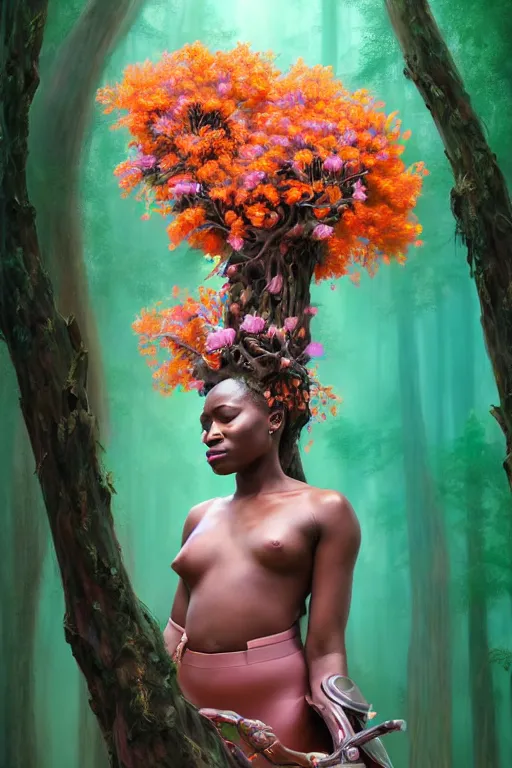 Image similar to hyperrealistic post - renaissance cinematic super expressive! yoruba goddess with exoskeleton armor, merging with tree in a forest, pink orange flowers, highly detailed digital art masterpiece, smooth cam de leon eric zener dramatic pearlescent soft teal light, low angle hd 8 k, sharp focus