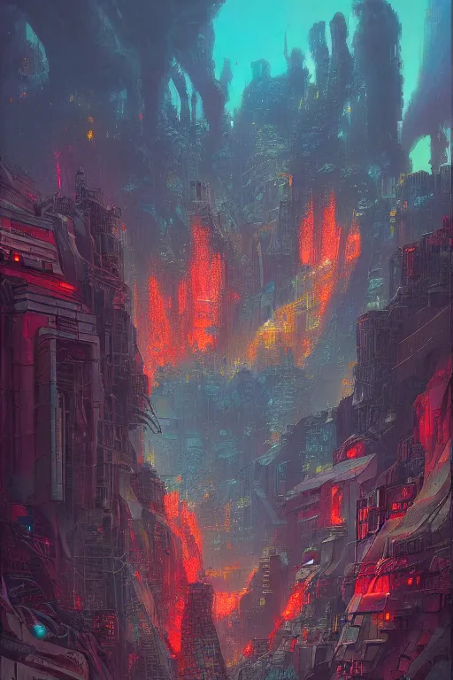 Image similar to a cyberpunk city in the crater of a volcano, lava flowing, smoke, fire, neon, industrial, by paul lehr, jesper ejsing