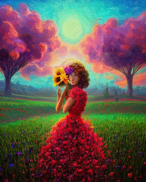 Image similar to girl with giant flower as a face and flower dress, standing in a flower field hills, big trees, sunrise dramatic light, impressionist painting, colorful clouds, digital painting, pointillism, artstation, simon stalenhag