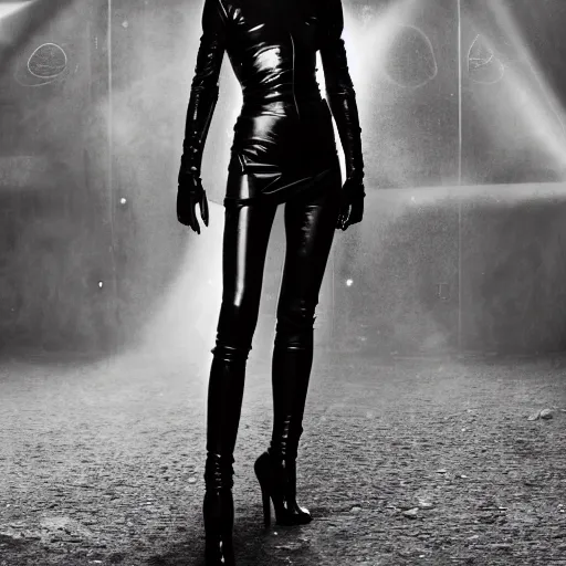 Image similar to fashion photography of an extraterrestrial model, holding a leather whip, wearing demobaza fashion, inside berghain, berlin fashion, harness, futuristic fashion, dark minimal outfit, photo 3 5 mm leica, hyperdetail, berghain, 8 k, very detailed, photo by nick knight