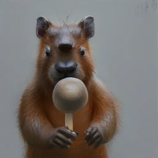 Image similar to detailed photorealistic painting of a cute capybara holding a chess pawn, sharp focus in the style of ruan jia, Mandy jurgens, cinematic light, concept art, trending on artstation, ultra realistic