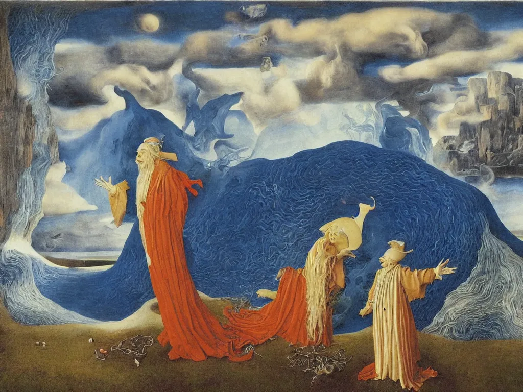 Image similar to Portrait of albino mystic with blue eyes, with portal to another realm. Landscape with lapis lazuli tsunami, giant wave. Painting by Jan van Eyck, Audubon, Rene Magritte, Agnes Pelton, Max Ernst, Walton Ford
