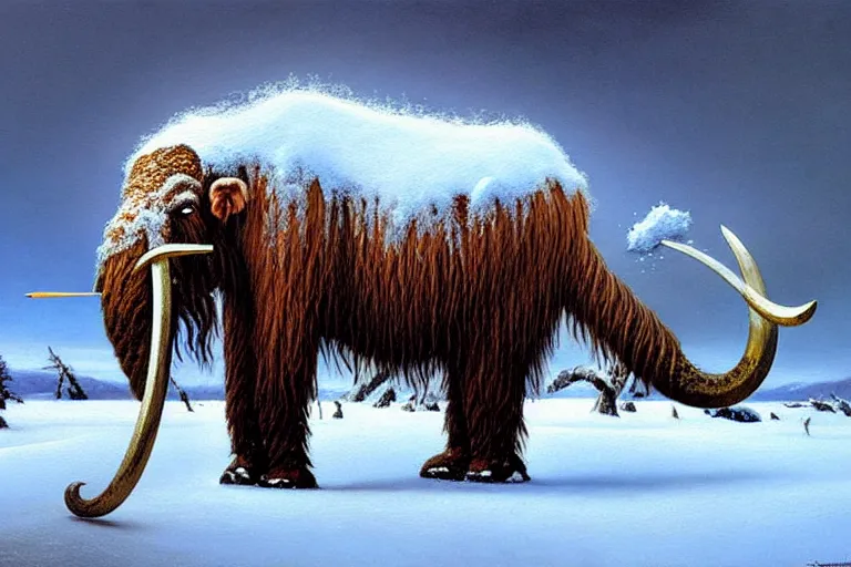 Prompt: classic oil painting, a wooly mammoth covered in snow, as a dnd character, with a closeup spear stuck in its torso, wounded, highly detailed, digital illustration, concept art, smooth, sharp focus, art by greg hildebrandt, and tim hildebrandt