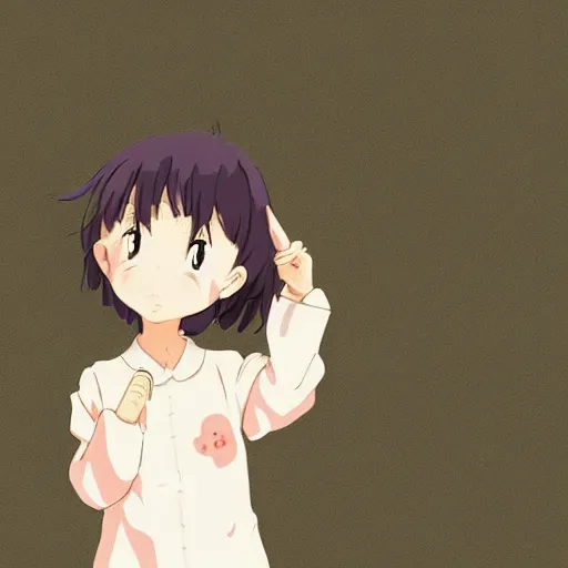 Image similar to adorable anime girl wearing cute piggy pajamas, young, clear clean face, Ilya kushinov, by Makoto Shinkai, Studio Ghibli, Miyazaki, Kyoto Animation, digital 2D, painterly style, gouache illustration, high contrast, cute, kawaii, chibi, golden ratio, rule of thirds