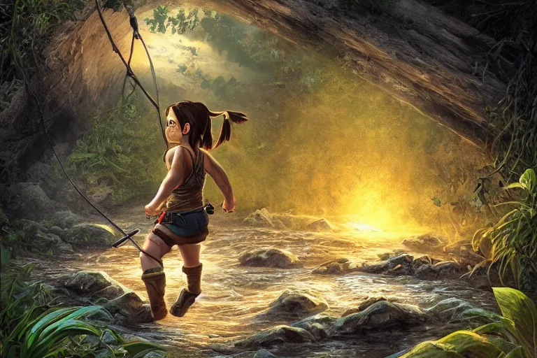 Image similar to wide shot of exhausted Chibi Lara Croft climbing out of a roaring ancient river, fireflies by Lilia Alvarado