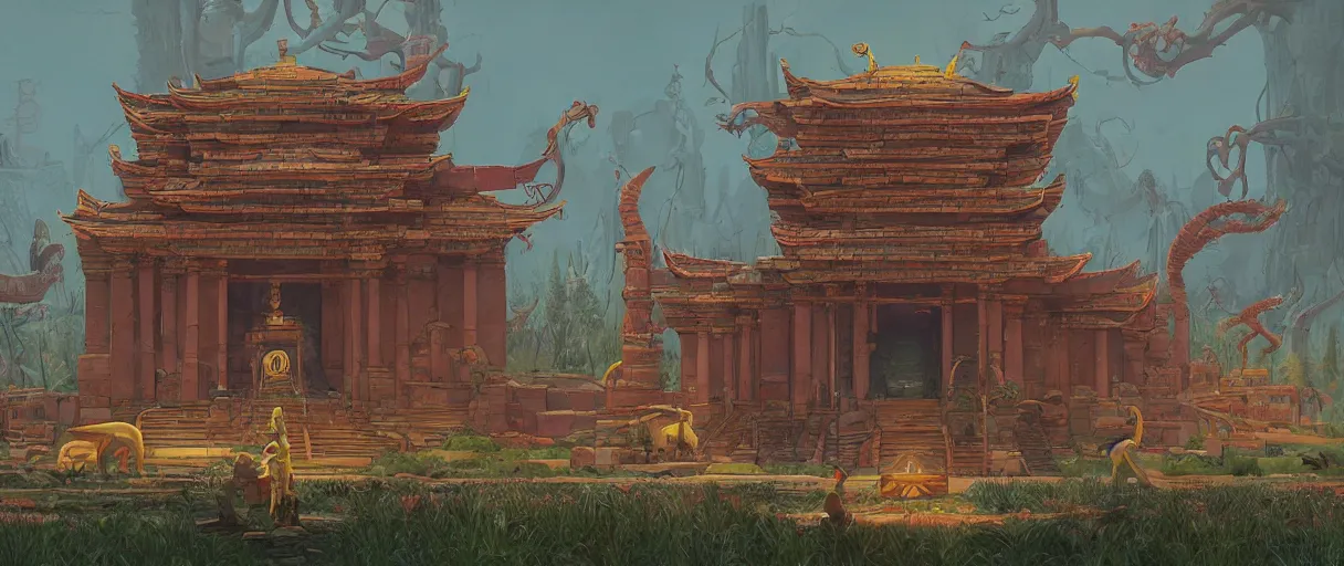 Image similar to A beautiful temple in honor of ancient anthropomorphic Feline warriors by Simon Stalenhag | Graphic Novel, Visual Novel, Colored Pencil, Comic Book:.3 | unreal engine:.5 | establishing shot