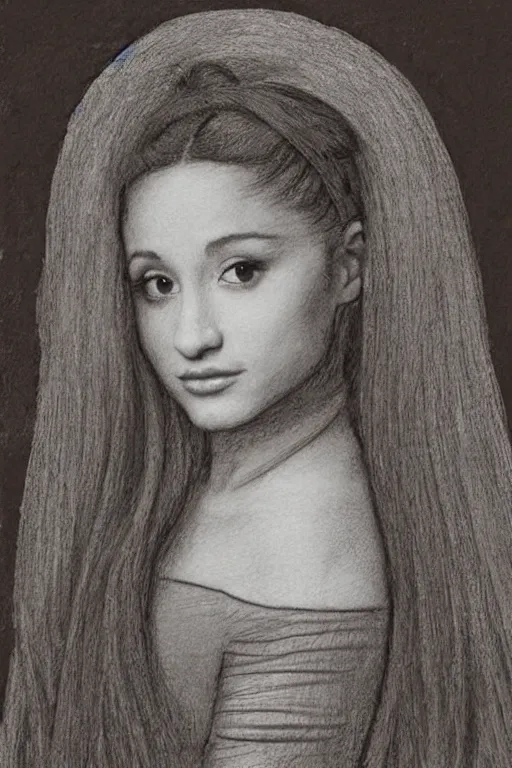 Image similar to a portrait of ariana grande in the style of leonardo da vinci drawing,, single head, no double head,