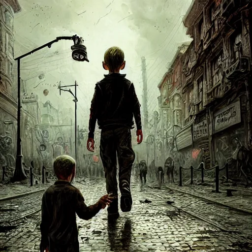 Prompt: a boy in apocalyptic zombie city, lovecraftian horror!, surrealism, fantasy, intricate, elegant, highly detailed, digital painting, realistic shading, cinematic composition, hdr, photorealistic, 3 5 mm film, concept art, artstation, matte, sharp focus, illustration, art by greg rutkowski and kadinski