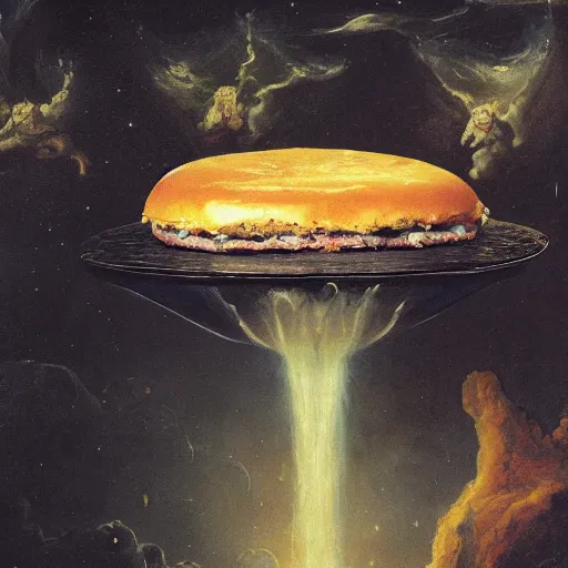 Prompt: godly grainy intricate galaxy pentagon javanese cat margarine hamburger waterfalls , by Francisco Goya and Greg Rutkowski and Judson Huss , An American propaganda , NFT , black velvet painting