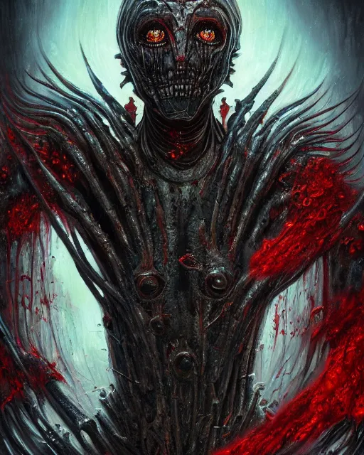 Image similar to charred bloody fleshmetal cyborg daemonhost, by antonio j. manzanedo, giger, alex grey, android jones, wayne barlowe, philippe druillet, raymond swanland, cyril rolando, josephine wall, harumi hironaka, cronenburg, trending on artstation