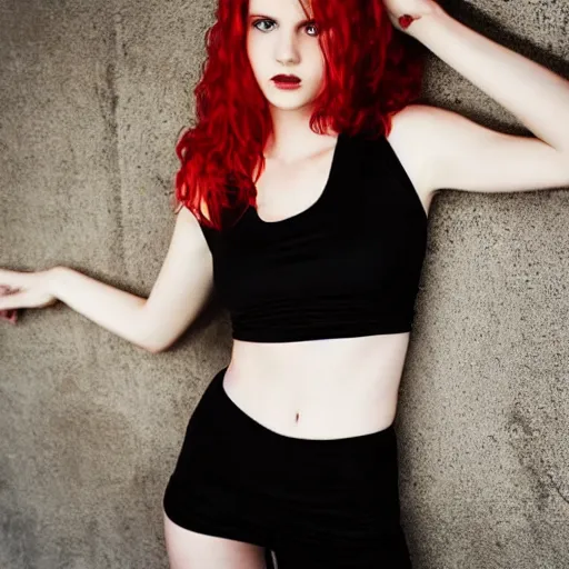 Prompt: beautiful irish lass ( model ) ( young ) with red wavy hair and piecing eyes, soft flawless pale skin, wearing a black crop top photography dramatic dark lighting, hyperrealistic teen