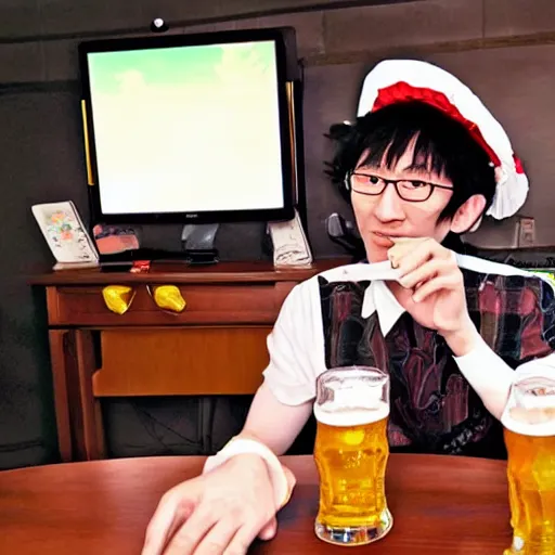 Prompt: highly detailed portrait of touhou project creator and video game designer zun drinking a single beer