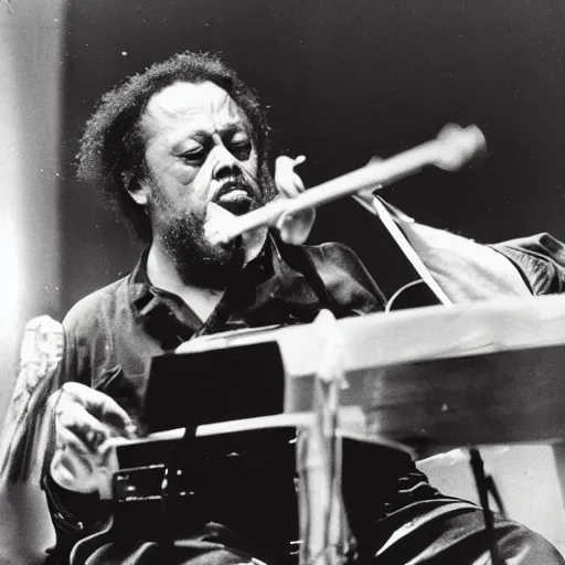 Prompt: charles mingus performing on stage, melting into a puddle, photograph