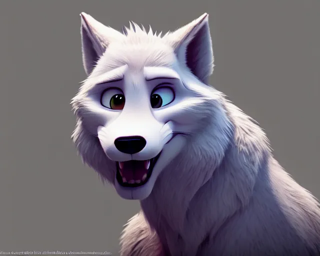 Image similar to portrait of cute white wolf in the style of zootopia, volumetric light, artstation, concept art, 8 k, high detail, perfect