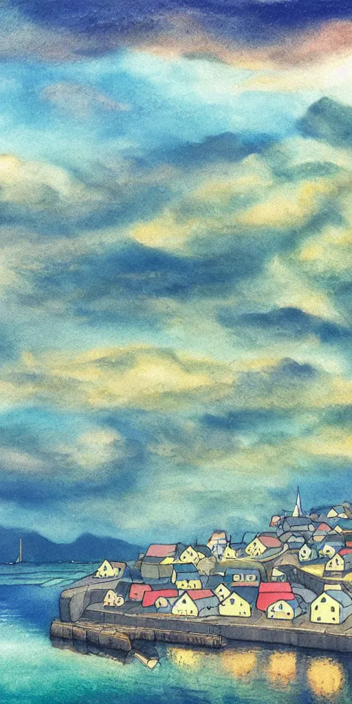 Image similar to a beautiful painting of a icelandic fishing village, storm clouds gathering over the town, by studio ghibli 8 k pastel colours, isometric drone shot smeared watercolours, golden light film grain