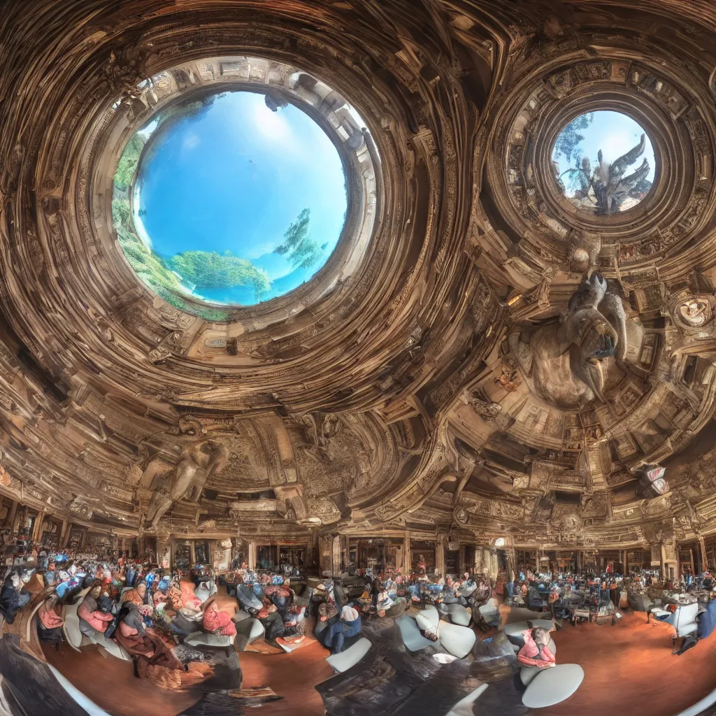 Image similar to six elephanta at tea party, fulldome, 3 6 0 degree fisheye, dome format, 4 k,