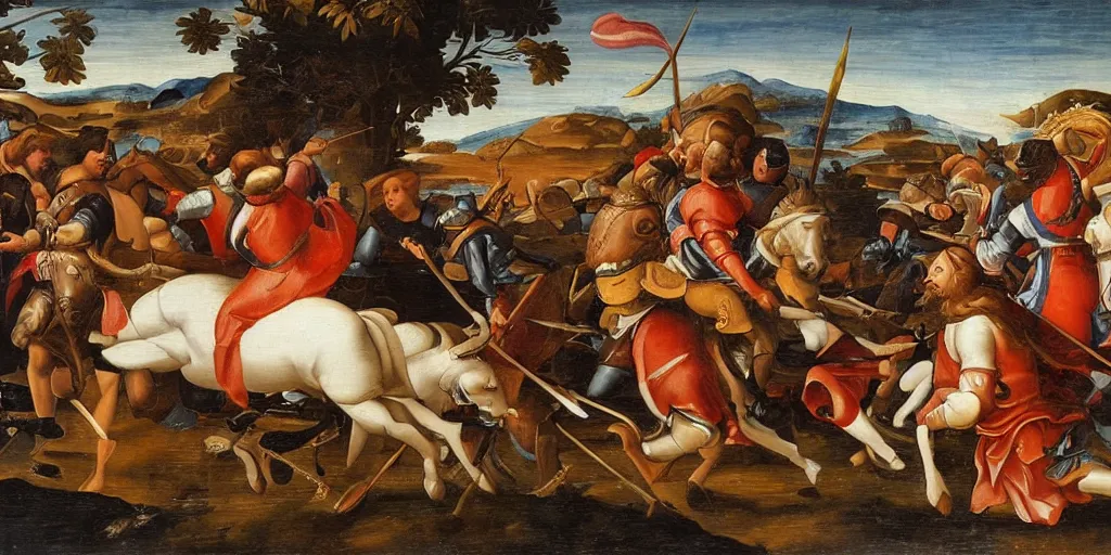 Image similar to renaissance-style painting of knights riding orcas on a battlefield in Italy, very dramatic atmosphere,