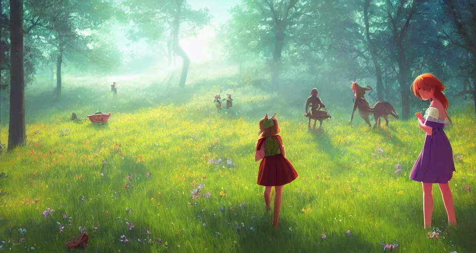Prompt: Enchanted and magic forest, a glowing treasure chest sits in a meadow by ilya kuvshinov