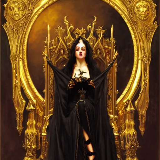 Image similar to perfectly centered portrait of beautiful vampire queen in gold gothic robe sitting on a throne of bones, painting by gaston bussiere, craig mullins, j. c. leyendecker, 8 k, mid shot