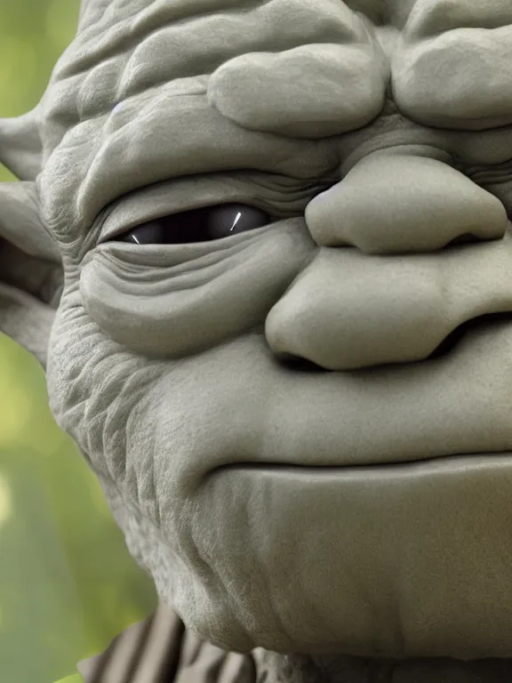 Image similar to 4K HD, high detail photograph, shot with Sigma f/ 4.2 , 250 mm sharp lens, shallow depth of field : (subject= Yoda + subject detail= accurate body features, consistent, high detailed light refraction , high level texture render)