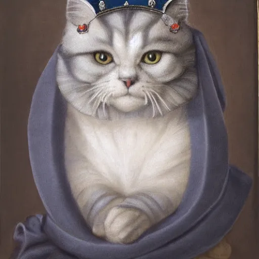 Image similar to a renaissance style portrait painting of a grey scottish fold cat, wearing a crown and cape, dark background