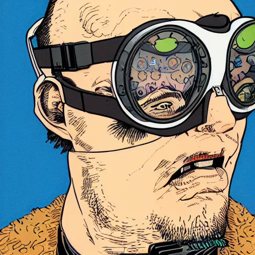 Prompt: close up portrait of a cyberpunk goth guy wearing goggles and eccentric jewelry, by geof darrow, geof darrow art,