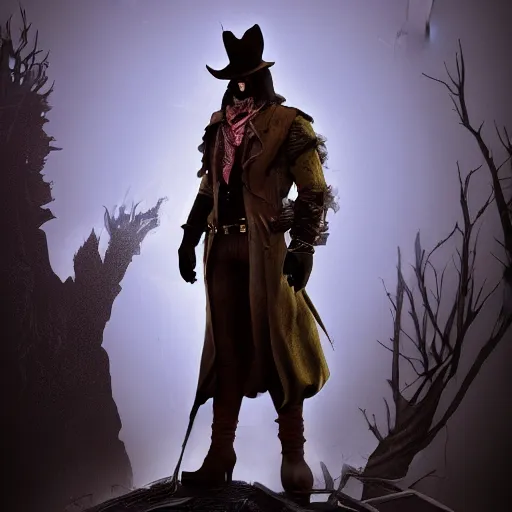 Image similar to a detailed 3 d render of darkwing duck dressed as the hunter from bloodborne, let's get dangerous, in the style of darkwing duck, digital art, dark fantasy, concept art, soulslike, by alphonse mucha, blood moon eclipse, wherewolves in a ruined building in the background, artstation, 8 k, unreal engine render