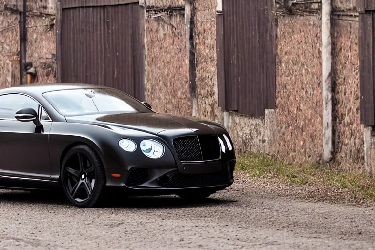 Image similar to modern rusty matte tired Bentley Continental GT without gloss no reflections drives along the road of an old Russian village with houses at the edges