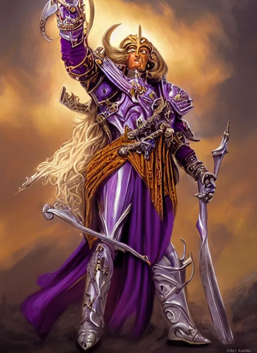 Prompt: Fulgrim a Warhammer 40k paladin, glorious LONG BLOND hair, by Ivan Aivakovsky, by Boris Vallejo, epic fantasy character art, D&D Concept Art, full length, Realistic, Regal, Refined, Detailed Digital Art, Oil Paining, Exquisite detail, post-processing, masterpiece, Cinematic Lighting, Unreal Engine, 8k, HD