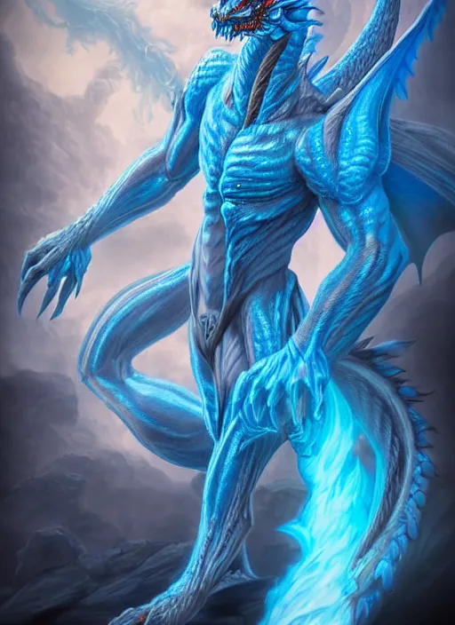 Prompt: muscular and tall blue ghostly fire humanoid dragon!!!! draconian!! intricate ornate iridescent exoesqueleton!! character concept art, sharp focus, octane render! unreal engine 5! highly rendered!! trending on artstation!! detailed linework!! illustration by artgerm, wlop, and chie yoshii