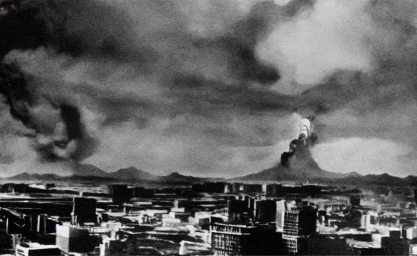 Image similar to a filmstill of Kim Jong-il, monster destroying Pyongyang, in Godzilla (1954) by Ishirō Honda, epic ultrawide shot, cinémascope