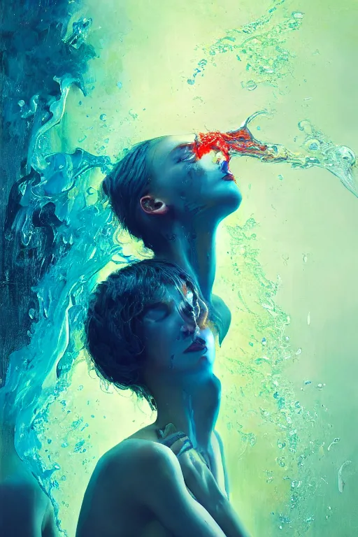 Prompt: 3 d, crying fashion model, flame, liquid deep blue and green water, morning, vogue cover style, poster art, high detail, intricate oil painting, multiple exposure, heaven mood, hyperrealism, 3 d, by tooth wu and wlop and beeple and greg rutkowski