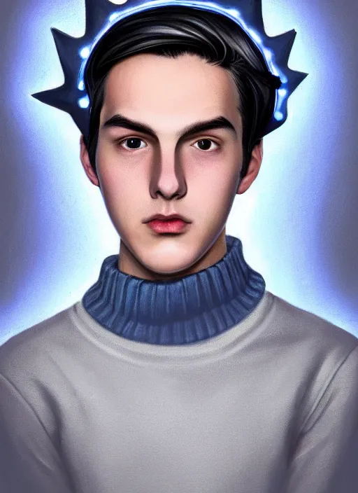 Image similar to portrait of teenage jughead jones wearing a light grey crown, crown, blue turtleneck, 1 9 5 0 s, closed eyes, photorealistic, black hair, glowing lighting, intricate, elegant, glowing lights, highly detailed, digital painting, artstation, concept art, smooth, sharp focus, illustration, art by wlop, mars ravelo and greg rutkowski