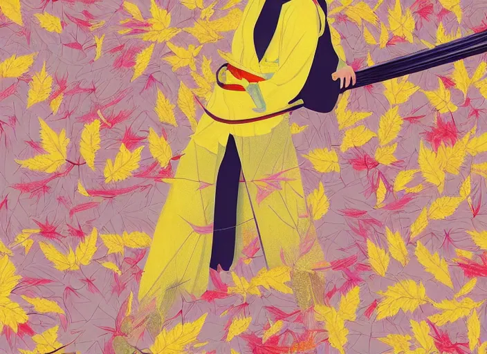 Image similar to breathtaking detailed pattern pastel colors, action scene from kill bill, with uma thurman ( kill bill ) in yellow kimono, swinging katana sword and autumn leaves, by hsiao - ron cheng, exquisite detail, enhanced eye detail