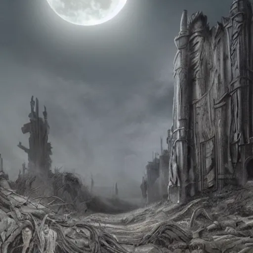 Prompt: a dramatic matte painting of the tomb in the dystopian landscape is opening through the ground, the dead has arisen under the glowing moon, dead trees and a brooding landscape by giger and dariusz zawadzki and beksinsk