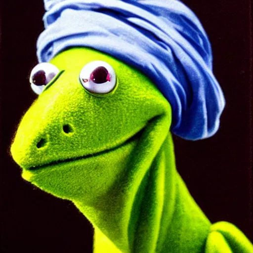 Image similar to kermit with a pearl earring, incredibly detailed, hyperrealistic, stylistic, painting