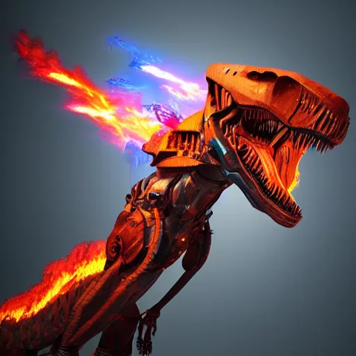 Image similar to t-rex mecha bursting flames, photorealistic, 3D