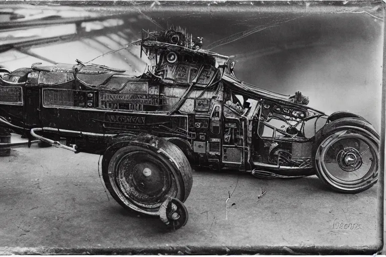 Image similar to cyberpunk 1 9 0 3 stanley steamer racecar by paul lehr, metropolis, view over city, vintage film photo, damaged photo, scratched photo, scanned in, old photobook, silent movie, black and white photo