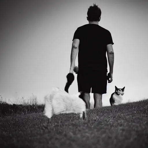 Image similar to black and white cat walking on the back of a man wearing a black t - shirt and blue shorts