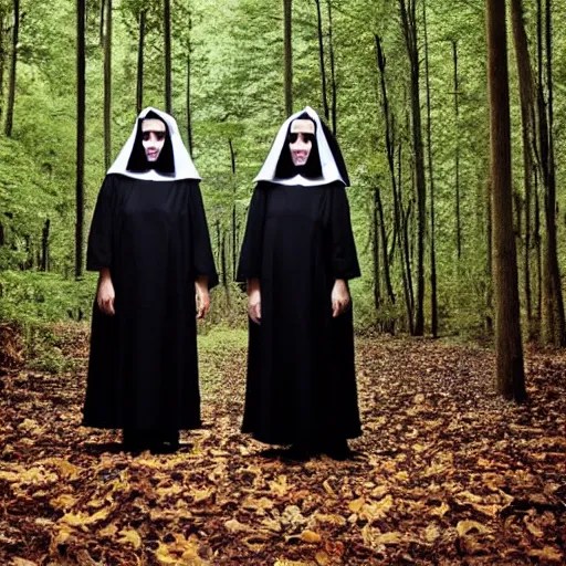 Prompt: award winning photo Floating twin nuns faces like dogs, wearing translucent habits Very long arms, in a forest, eerie, frightening —width 1024 —height 1024