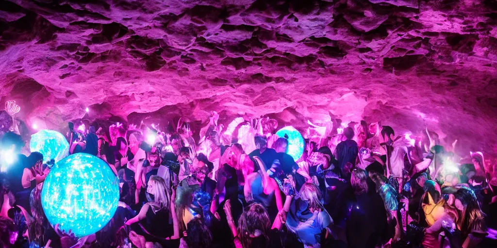 Image similar to cinematic shot of a goth disco nightclub in a cave, sphere of knives made of pink lasers and blue crystals, people dancing, 8k photo, award winning, masterpiece