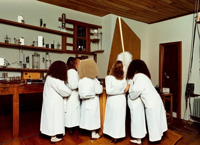 Image similar to realistic photo of a group of medieval female scientists wearing white shorts, watching at a levitating fluffy furry cloud, in a living room laboratory with many wooden gadgets made of wood interior is made of wood 1 9 9 0, life magazine reportage photo, natural colors