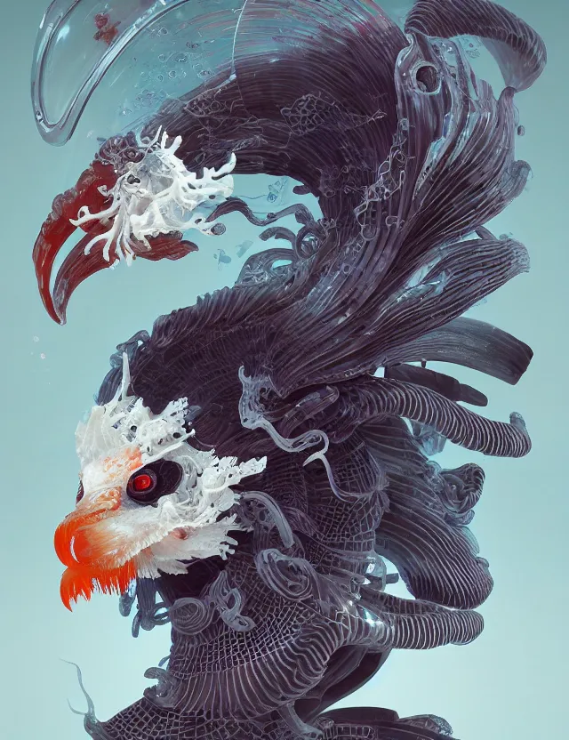 Image similar to 3 d liminal space frontal portrait with ram skull. beautiful intricately detailed japanese crow kitsune mask and clasical japanese kimono. betta fish, jellyfish phoenix, bio luminescent, plasma, ice, water, wind, creature, artwork by tooth wu and wlop and beeple and greg rutkowski