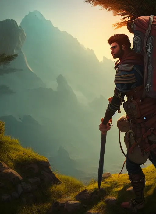 Image similar to an epic fantasy comic book style portrait painting of a male fantasy explorer in the wilds with a backpack and map, unreal 5, daz, hyperrealistic, octane render, cosplay, rpg portrait, dynamic lighting